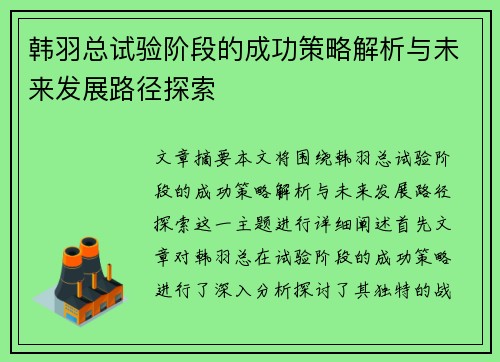 韩羽总试验阶段的成功策略解析与未来发展路径探索